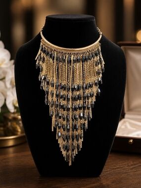 Gold and Black Fringe Statement Necklace - Women Jewelry